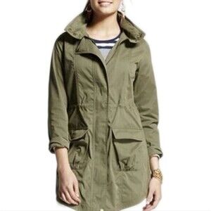 Mossimo Olive Green Long Trench Rain Jacket, Hidden Hood, Small
